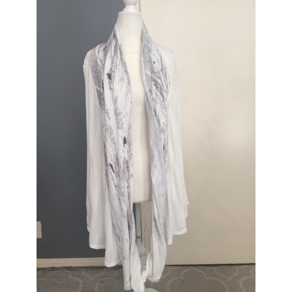 White and gray print Knit adjustable long Cardigan